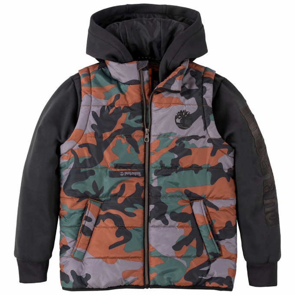 NWT Timberland Boys Quilted Fleece Camo Hybrid Hooded Zip Jacket